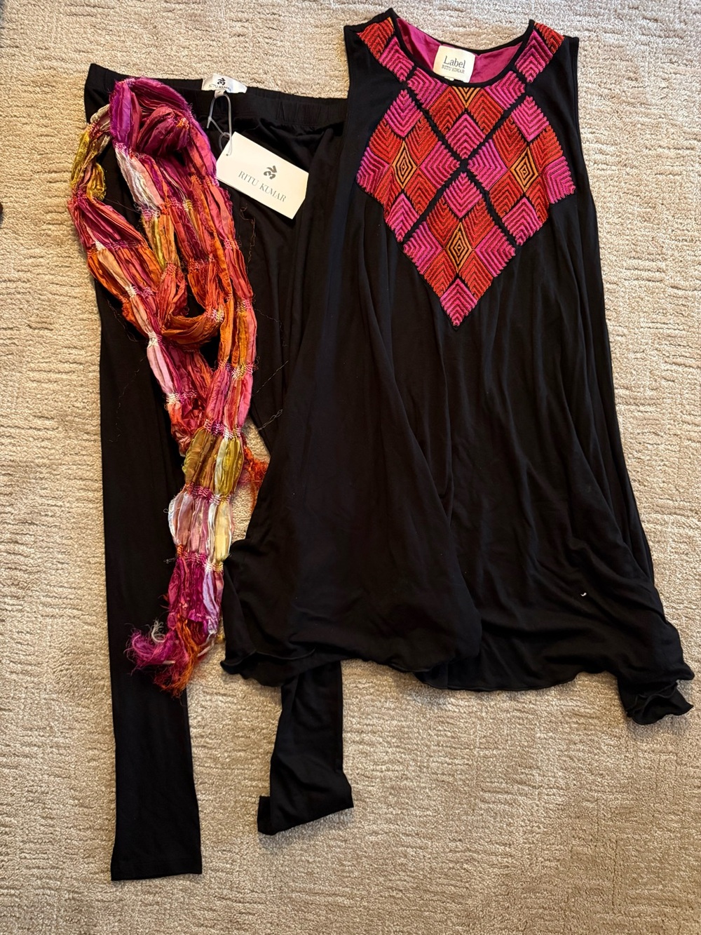 Ritu Kumar Black Sleeveless Kurta (never worn) with NWT leggings and silk scarf